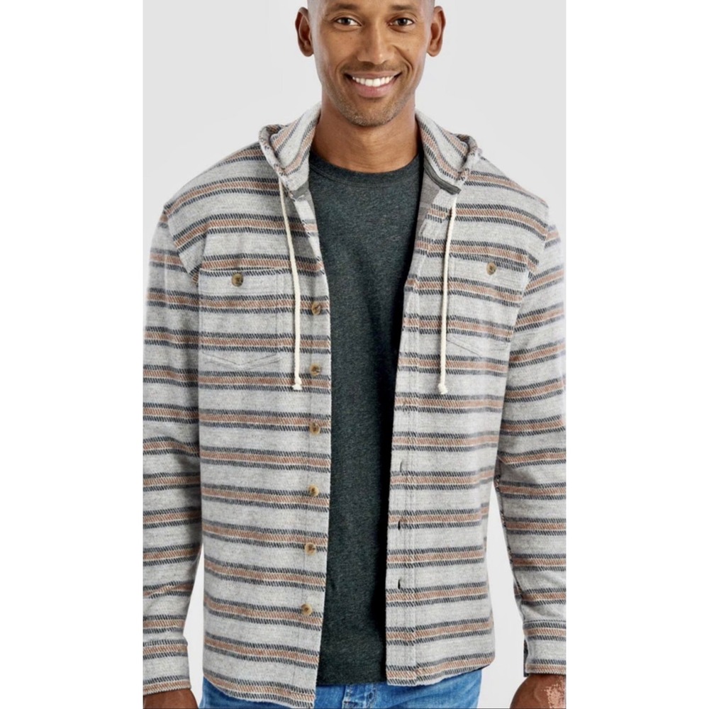 JOHNNIE-O Brown/Grey Soft Barta Hoodie Shirt Jacket Stretch Flannel Lodge Small